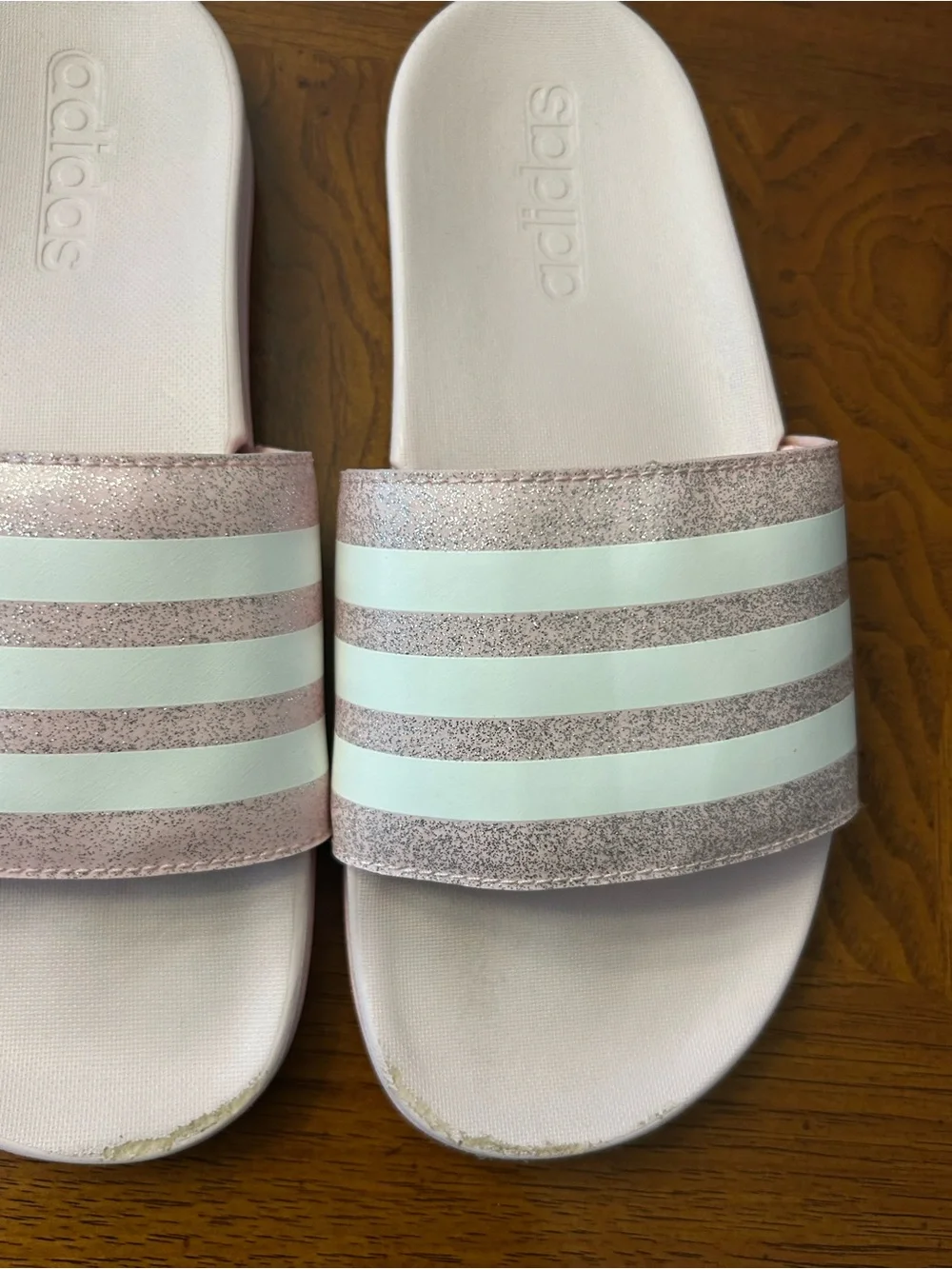 Girls adidas Pink Glitter Slide Sandals with White Stripes